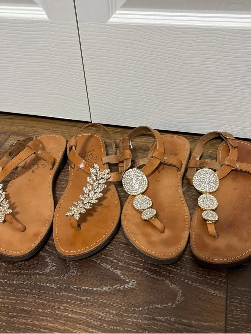 Pagonis Handmade Greek Sandals Brown Leather Bling Strappy Sz 8 Lot of 2 Pairs